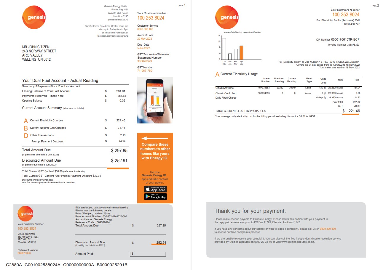 New Zealand Genesis Gas utility bill template in Word and PDF format, 3 pages 1